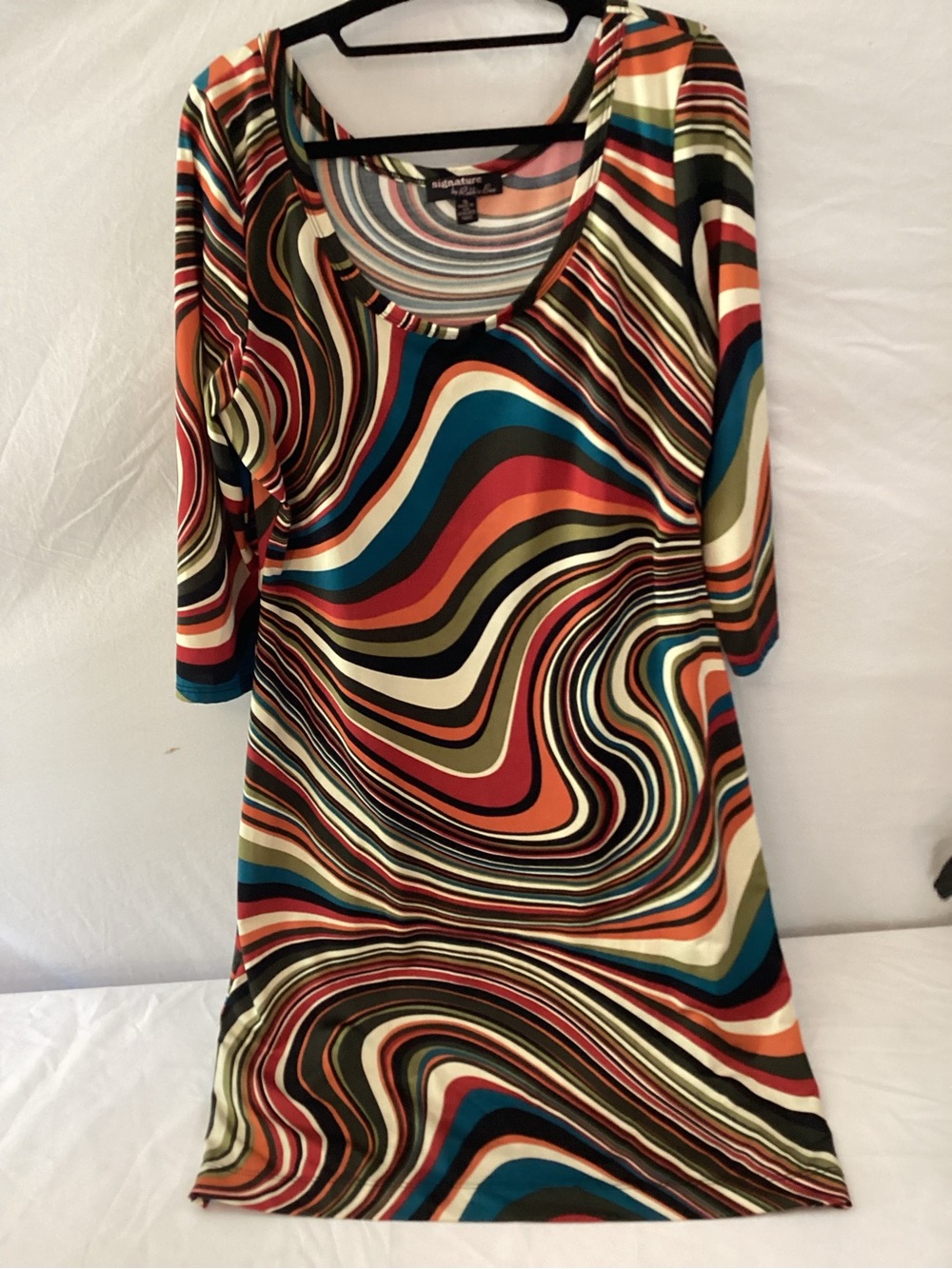 Signature by Robbie Bee Multicolor Swirl Scoop Neck Dress in Teal, Red, Cream